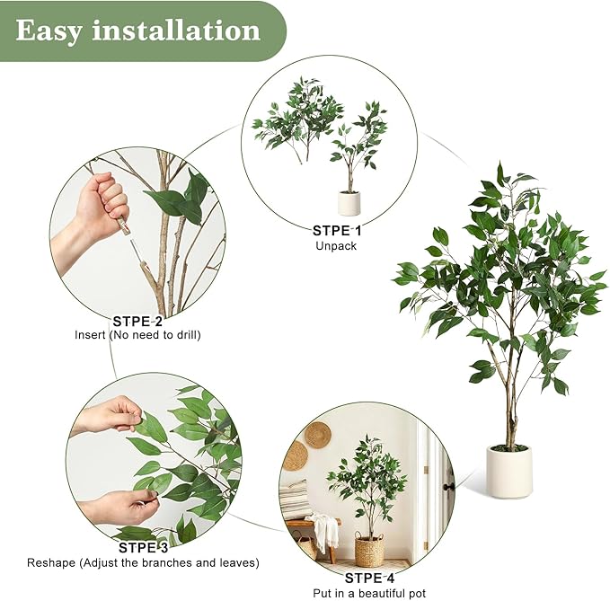 4FT Ficus Trees Artificial Indoor, Faux Silk Plant with Natural Wood Trunk and Lifelike Fruits, Black Imitation Ceramic Planter with Green Fake Moss for Modern Home Office Living Room Decor