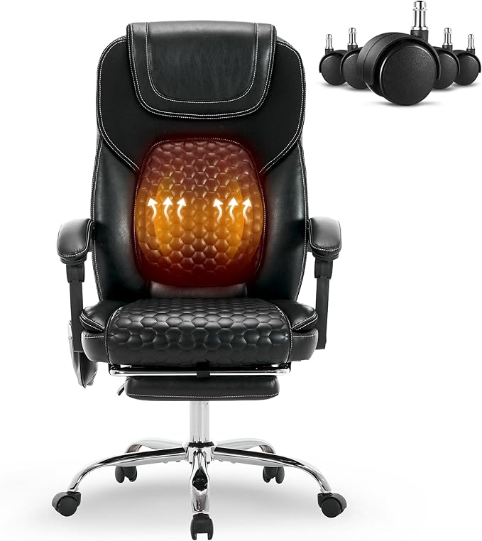Massage Office Chair with Heat and Footrest –Reclining Desk Chair, Big and Tall Leather Computer Chair with Wheels, PU Executive Office Chair for Home, Gaming, Study, 300 lbs,Black
