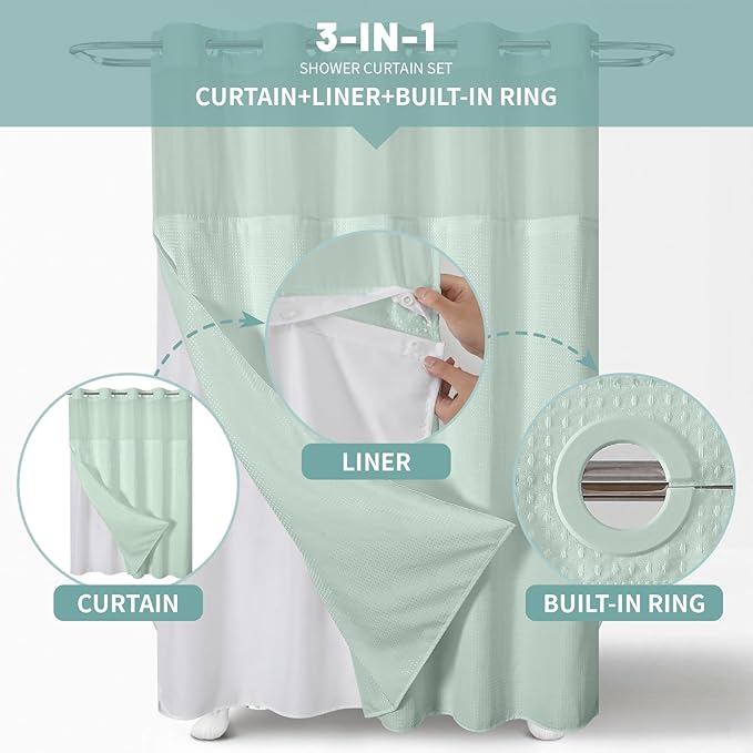 MintGreen No Hook Waffle Weave Shower Curtain with snap-in Liner Replacement, 230GSM Waterproof Fabric Hotel Shower Curtain Set for Bathroom, Through Mesh Top Window,71Wx77H