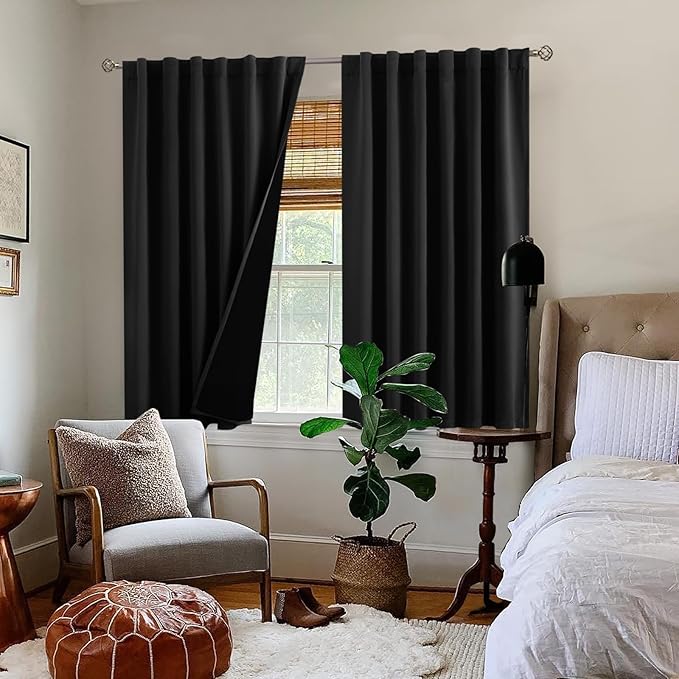 BGment Full Blackout Curtains with Liner Thermal Curtains 54 Inches Long, Rod Pocket and Back Tab Double Layer Black Out Privacy Curtains for Bedroom(52 x 54 Inch, 2 Panels, Black)