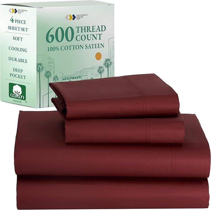 California Design Den Deep Pocket King Sheet Set - Luxury 600 Thread Count Bed Sheets 100% Cotton Sateen, Cooling King Size Sheets Set, Hotel-Quality, Better Than Egyptian Cotton Sheets - Brick Red