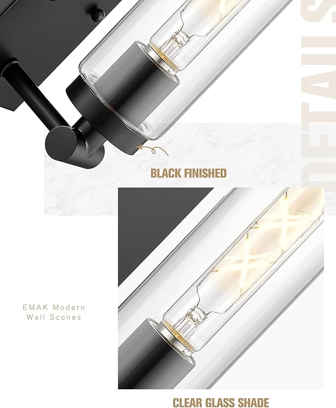 Emak Modern Black Wall Sconces Set of Two, Farmhouse Bathroom Sconce with Clear Glass Shade, 2 Light Bathroom Vanity Light for Living Room, Bedroom, Gallery, WS086-BK-CG-2PK