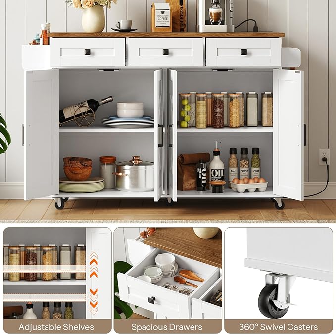 HOOBRO Kitchen Island with Drop Leaf, Rolling Kitchen Island with Storage and Power Outlet, Kitchen Cart with 3 Drawers and Adjustable Shelves, Towel and Spice Rack, for Dining Room, White and Walnut