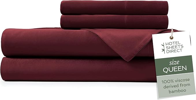 Hotel Sheets Direct 4 Piece Bed Sheet Set Queen Size, 100% Viscose Derived from Bamboo Sheets Set with 2 Pillowcases, Cooling & Breathable Luxury Bedding, Moisture-Wicking & Silky Soft, Burgundy