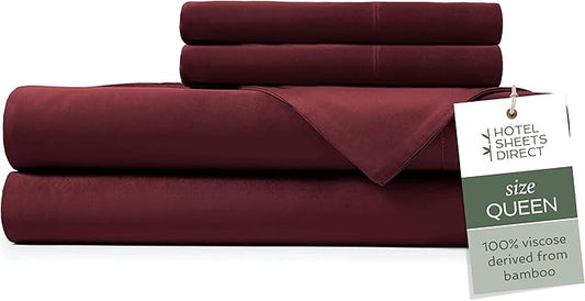 Hotel Sheets Direct 4 Piece Bed Sheet Set Queen Size, 100% Viscose Derived from Bamboo Sheets Set with 2 Pillowcases, Cooling & Breathable Luxury Bedding, Moisture-Wicking & Silky Soft, Burgundy