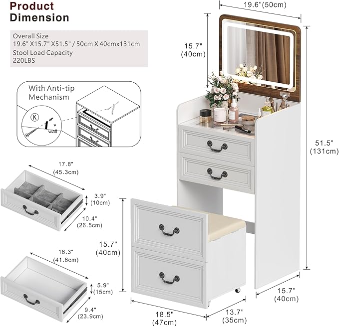 Lvifur 3 in 1 Vanity Desk with Flip Top Mirror and 3 Color Lights,Small Compact Vanity with Charging Station,Glass Top Makeup Vanity with 3 Drawers,Rolling Cushioned Stool