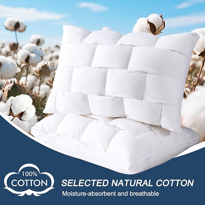 YOUR MOON Organic Wool Pillow King Size Set of 2 - Premium Natural Wool Fill, Soft Thick Down Alternative Pillow for Sleeping, 100% Cotton Cover, Support Bed Pillows for Side and Back Sleepers(White)