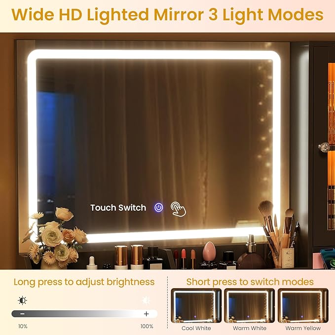 Makeup Vanity Desk with Mirror and Lights & Large LED Cabinet, Vanity Table with 2 Jewelry Boxes, 6 Drawers, and Built-in Shelves, Dressing Table with Power Outlets for Women Girls Bedroom, Black