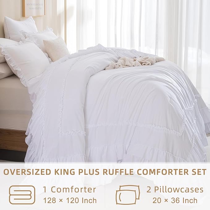 QSH White Oversized California King Ruffle Bed Comforter Set 128x120, Farmhouse Shabby Vintage Ruffled Comforter French Country Rustic Bedding Comforter Microfiber Fluffy Soft Bedding 3 PCs