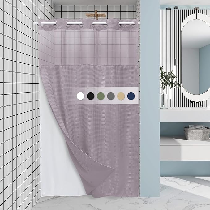 Lavender Stall No Hook Shower Curtain with Snap in Liner,230GSM Waffle Weave Shower Curtains for Bathroom,54W x 80H