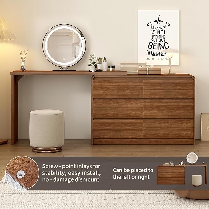 Makeup Vanity Desk with Full Aluminum HD Lighted Mirror, 50-90in Extendable Modern Vanity Table Set with Chair, 6-Drawer Storage Cabinet with Rounded Corners, Bedroom Dressing Table, Brown