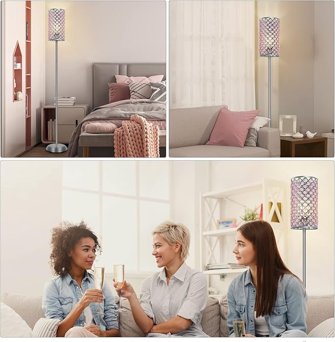 Crystal Floor Lamp for Bedroom, Living Room Pink Floor Lamps Modern Tall Lamp with On/Off Foot Switch Glam Standing Light for Girls Bedroom Minimalism Pole Corner Lamp for Office Dorm Hotel