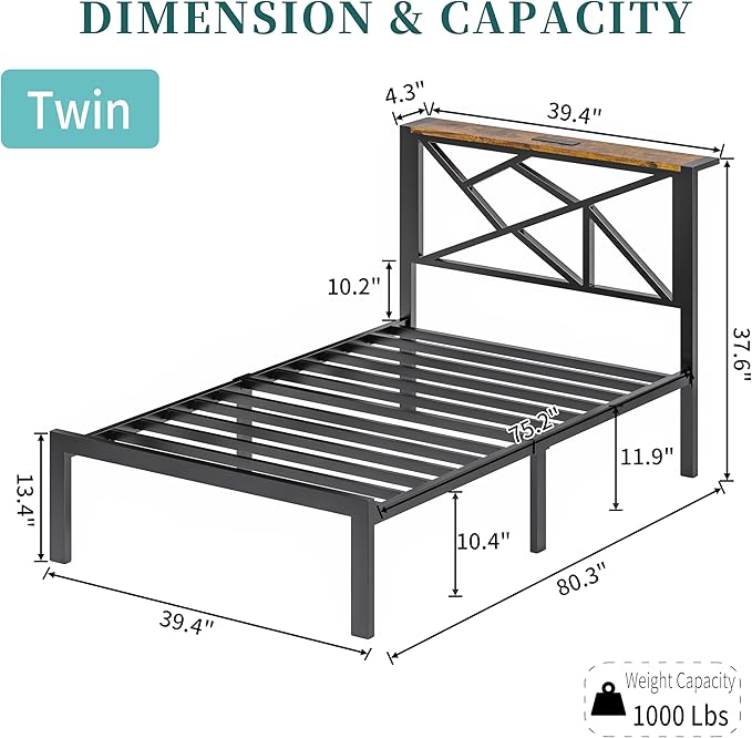 Twin Size Black Metal Bed Frame with USB Charging Station, LED Ambient Lighting, and Wooden Storage Headboard - Includes Under-Bed Storage, No Box Spring Needed, Noise Free, Easy Assembly