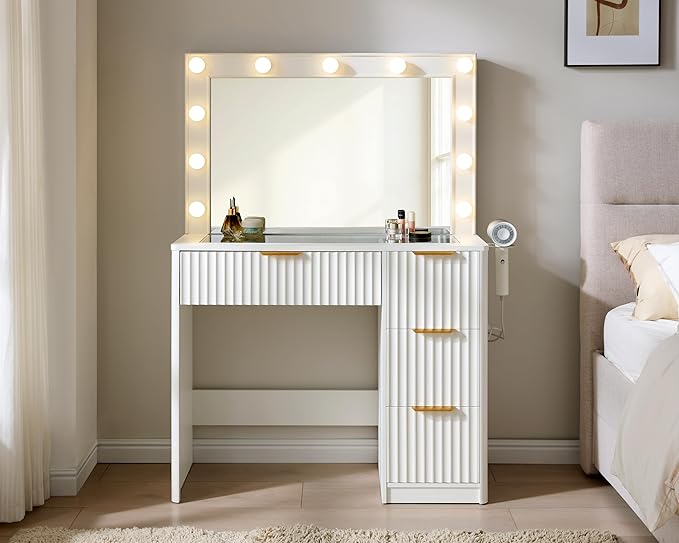 AMERLIFE 36.2" Fluted Vanity Desk with Large Mirror and Adjustable LED Lights, 4 Drawers Makeup Table with Glass Top and Charging Station for Women and Girls, Bedroom or Dorm, White