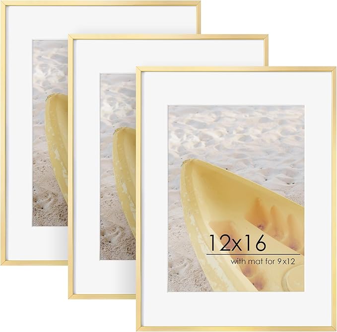12x16 Metal Picture Frame For Wall With Mat For 9x12, 12''x16'' Aluminum Certificate Document Frames With Tempered Glass, Minimalist Modern Poster Frame Horizontally Vertically Set of 3, Gold