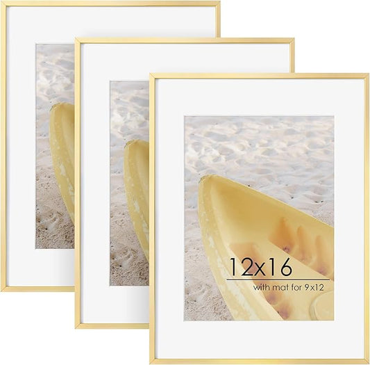 12x16 Metal Picture Frame For Wall With Mat For 9x12, 12''x16'' Aluminum Certificate Document Frames With Tempered Glass, Minimalist Modern Poster Frame Horizontally Vertically Set of 3, Gold