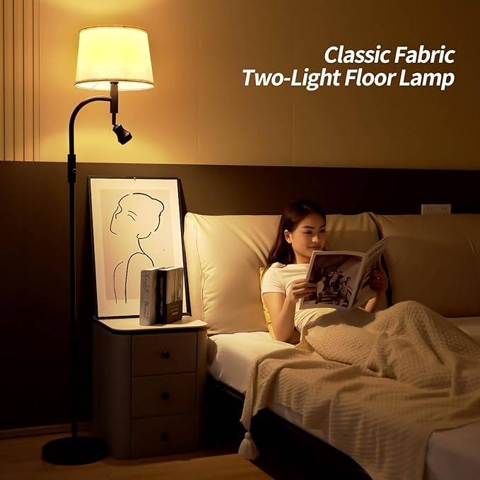 Floor Lamp for Living Room, Vintage Two-Light Tall Floor Lamp with knob, LED Reading Standing Lamp for Bedroom Office - Black