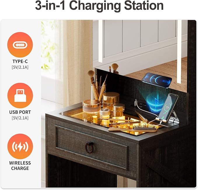 Makeup Vanity Desk with Mirror and Lights,Small Vanity Desk Set with Charging Station & Glass Top,Compact Dressing Table with Jewelry Cabinet & Storage Wheel Stool for Bedroom, Rustic Brown