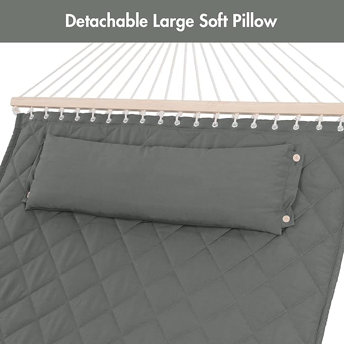 ANOW 2 Person Hammock with Spreader Bars and Detachable Pillow, Quilted Hammock for Outdoors Indoors, 450 LBS Weight Capacity, Gray