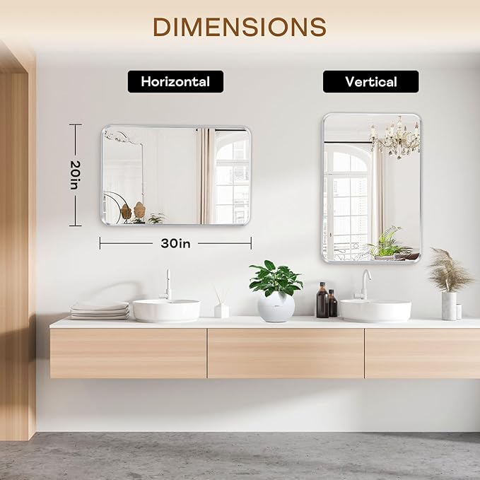 Wall Mount Mirror for Bathroom, Brushed Silver Metal Framed Rounded Corner Rectangular Vanity Mirror (20" x 30", Silver)