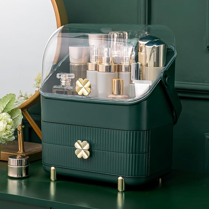 Ergocar Four Leaf Clover Series Make Up Case Dustproof Cosmetic Storage Box, Cosmetics Skin Care Products Multi-Function Jewelry Organizer Case - green