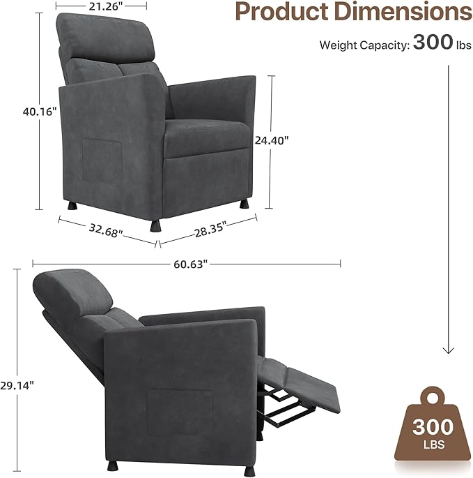 Claiks Power Recliner Chair for Adults, Adjustable Reclining Chair, Comfortable Recliner Couch with Side Pockets&Wire Remote Control, for Living Room, Home Theater, Bedroom, Linen Fabric, Dark Grey
