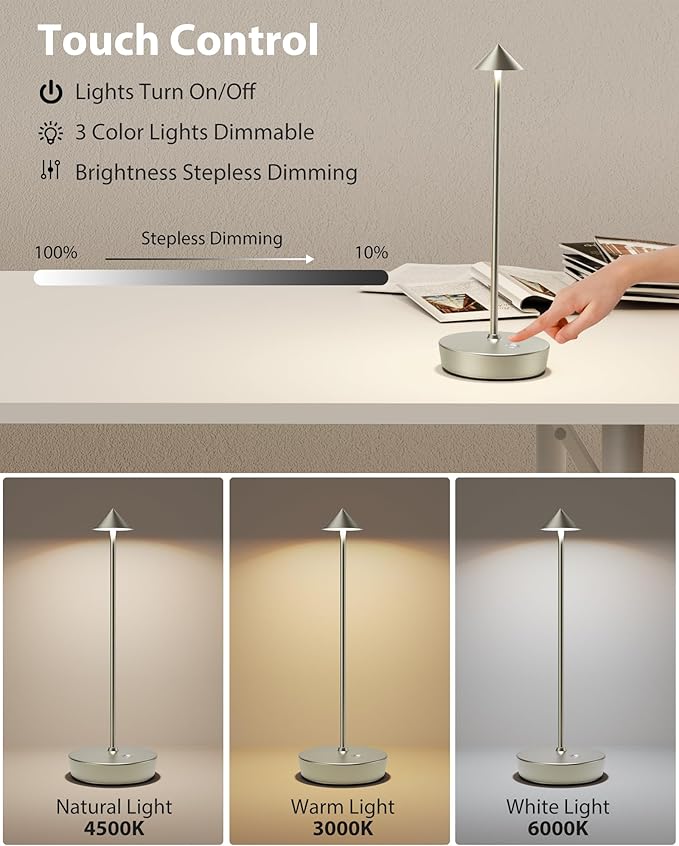 Cordless Table Lamps Rechargeable, 6000mAh Battery Operated LED Desk Lamp Outdoor Waterproof Portable Touch Dimmable Table Night Light for Patio Restaurant Dining Home Set of 2 Silver