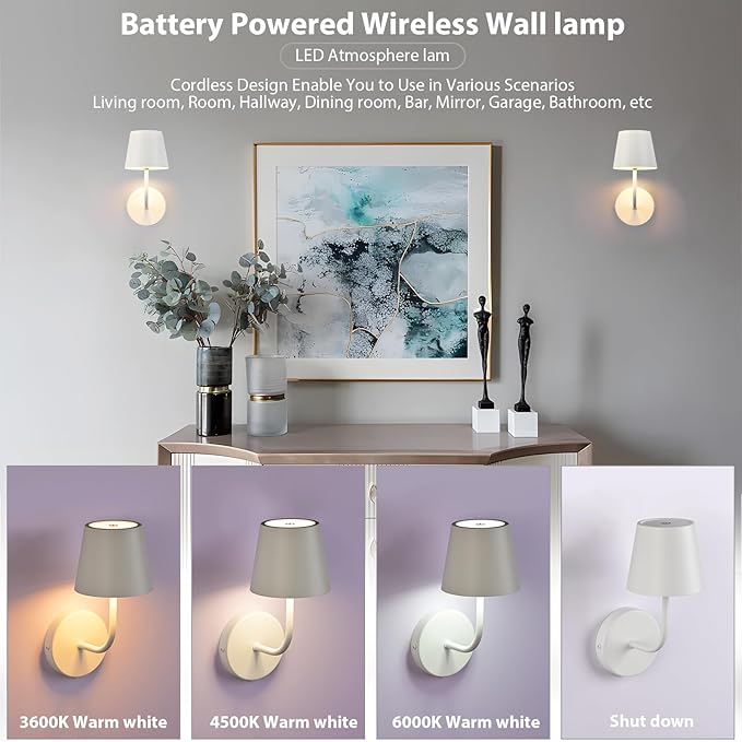 LED Wireless Wall Lamp Set of 2, with 5600mAh Rechargeable Battery Powered Wall Sconces, Touch for Remote Control Infinite Dimming Be Used for Bedroom Mirror Living Room Wall Painting (White)