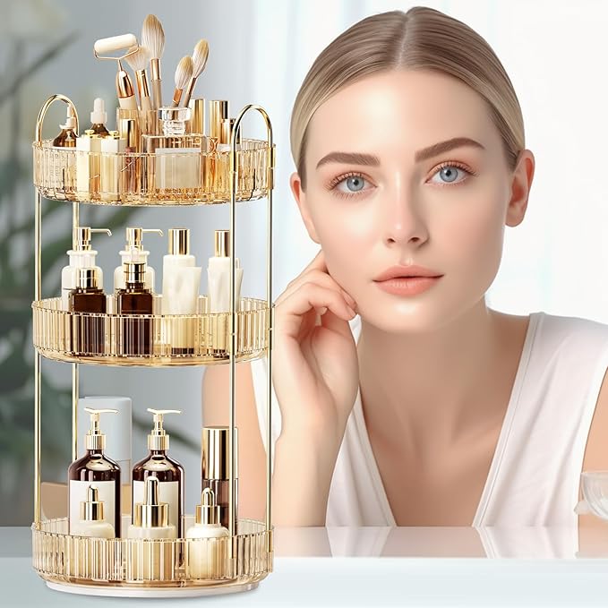 360° Rotating Makeup Organizer, Large-Capacity Skincare Make Up Storage 3 Tier Perfume Organizers Cosmetic Dresser Organizer with Makeup Brush Holder, Fits Bedroom, Bathroom, Vanity Shelf Countertop