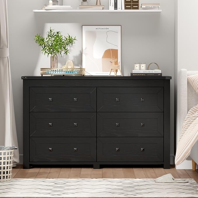 Black Dresser for Bedroom, 47.3" Modern Dresser for Closet TV Stand, 6 Drawer Wood Dressers & Chest of Drawers with Black Knobs, Wide Closet Storage Organizer for Living Room, Hallway