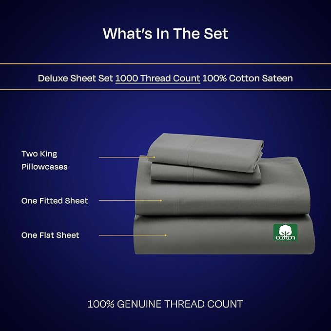 California Design Den King Bed Sheets Set - Luxury 1000 Thread Count Sateen, Thick and Natural 100% Cotton Sheets, Deep Pockets, Soft, Breathable and Durable Bedding Set - Grey