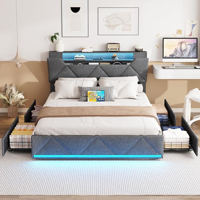 Vabches Full Size Bed Frame with Storage Headboard and 4 Drawers,Upholstered Platform with Charging Station and Led Lights,Adjustable Headboard,No Box Spring Needed,Dark Grey