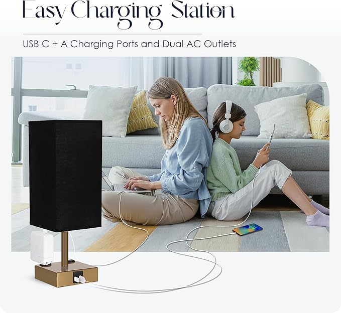 Bedside Lamp with USB Ports - Touch Control Table Lamp for Bedroom with USB C+A Charging Ports & AC Outlets, 3 Way Dimmable Nightstand Light for Living Room (LED Bulb Included, Brass - Black)