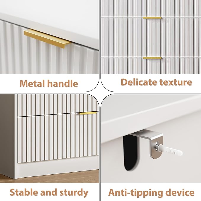 White Fluted Dresser for Bedroom, 32 Inch Wide Nightstand with Large Drawer, 3 Drawer End Table for Bedroom, Living Rooms, Offices, and Entryways