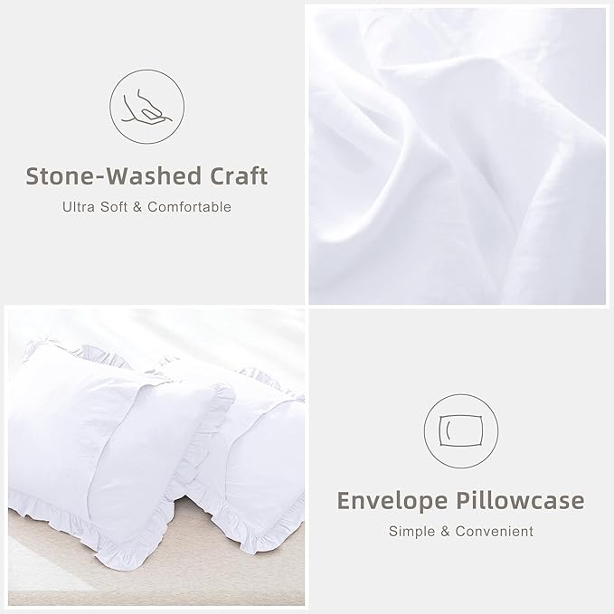 QSH White Comforter Full with Ruffles,3PCs Shabby Boho Chic Farmhouse Bedding Comforter Set Full Size Soft Vintage Fluffy Microfiber White Ruffle Bedding Set