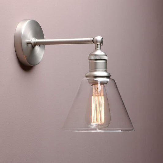 Yosoan Indoor Wall Sconce Fixture Light, 1-Light Modern Single Brass Vintage Industrial Hardwired with Funnel Flared Clear Glass Shade Lamp for Bathroom Sink Porch Kitchen Living Room(Brushed)