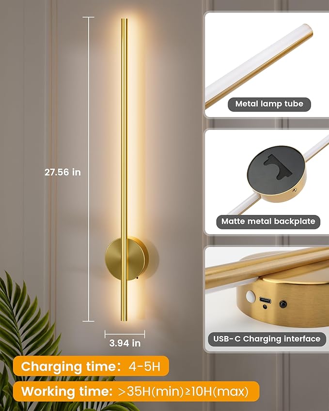 NIORSUN 27.6 Inch Battery Operated Wall Sconce Set of 2, Gold Minimalism Rechargeable Wall Lights with Remote, 3CCT Dimmable Wireless Wall Lamp for Living Room Bedroom Hallway