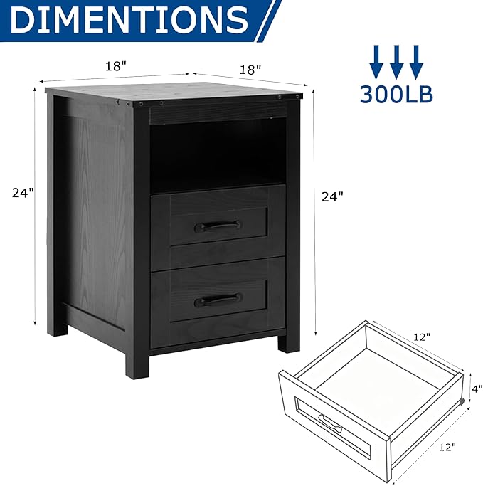 Farmhouse Night Stand Set of 2, Rustic Black Nightstand for Bedroom, End Tables Without Charging Station, Bedside Table with Drawers, Wood Bedside Cabinet Dresser