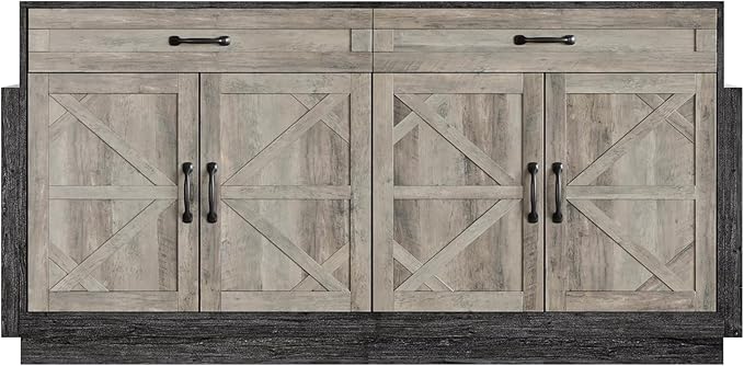 64" Wide Large TV Stand for Bedroom, Entertainment Center with Storage Cabinets Rustic Farmhouse Style TV Console Table with Barn Doors and 2 Drawers