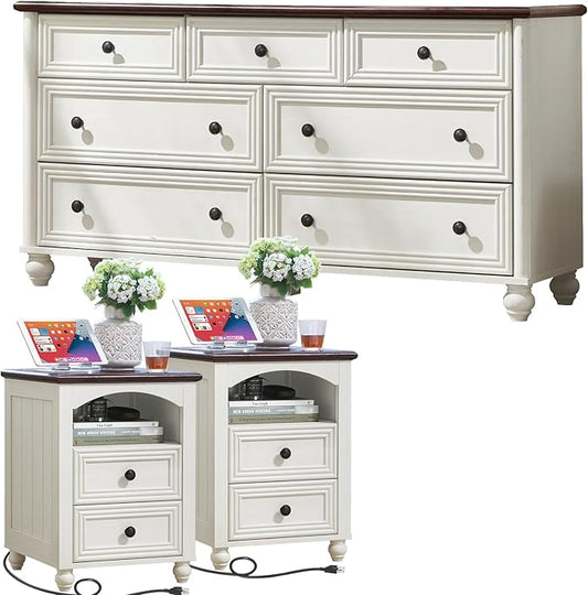 Dressers & Night Stand Set of 3, Wood 54" Wide Dresser & 18" with Charging Station Chest of Drawers, Roman Column Nightstand Set of 2, Bedroom Furniture Dresser Suites for Home Living Room Hallway