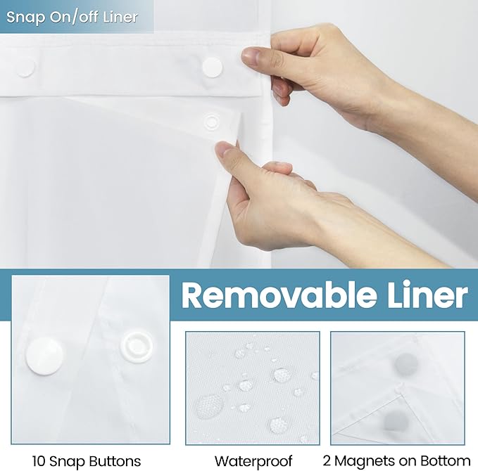 White Stall No Hook Shower Curtain with Snap in Liner,230GSM Waffle Weave Shower Curtains for Bathroom,54W x 80H