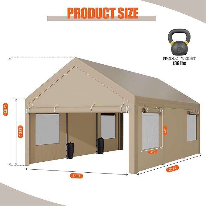 JAMFLY Carport, 12x20 ft Heavy Duty Carport with Roll-up Windows, Portable Garage with Removable Sidewalls & Doors, Car Canopy with Sandbags and All-Season Tarp for Car Boat Truck Motorcycle, Khaki