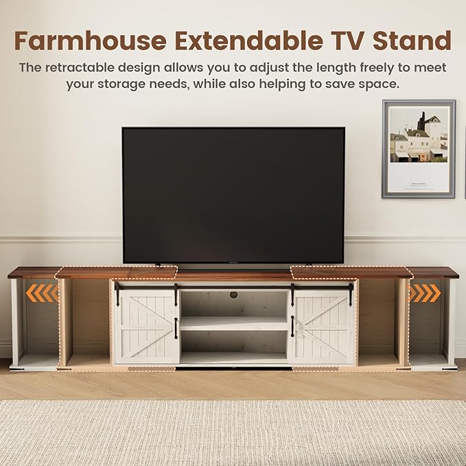 Extendable TV Stand, Entertainment Center for 85 95 105 Inch TV, Farmhouse TV Stand with Large Capacity Storage and Sliding Doors, Media Console for Living Room, Length 86"-113", White