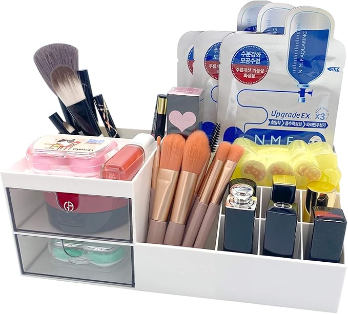 Cosmetic/Makeup Vanity Organizer Box, Mini Desk Storage for Office Supplies, Bathroom Counter or Dresser, White
