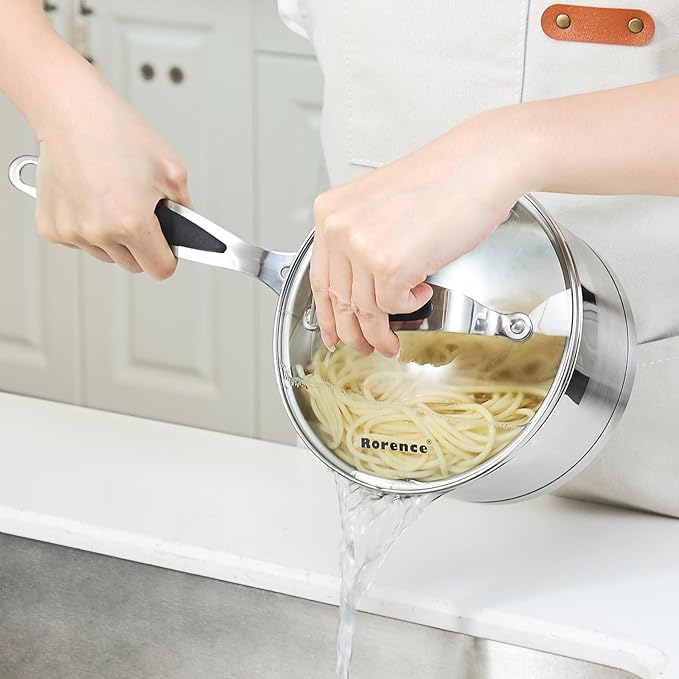 Rorence 1.5 QT Stainless Steel Saucepan, Sauce Pan with Silicone Coated Handles and Pout Spouts, Induction Small Cooking Pot with Clear Transparent Tempered Glass Lid for All Stoves, Dishwasher Safe