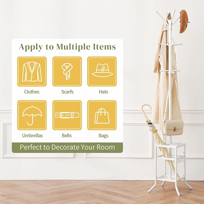 Yoobure Coat Rack Freestanding - Coat Tree with Umbrella Holder, Metal Coat Rack Stand with 12 Hooks, Modern Coat Hanger Stand for Entryway, Purse Rack Hat Rack Stand for Living Room Bedroom Office