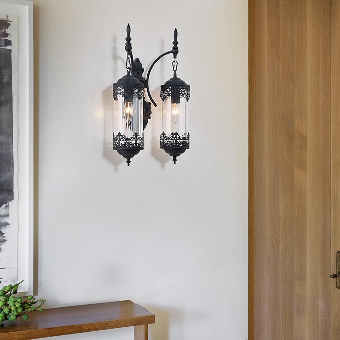 Rustic Glass Wall Sconce Vintage 2-Lights Antique Gothic Wall Light Fixture Retro Farmhouse Mid Centry Lantern Wall Sconce for Bedroom, Living Room, Mirror, Black, E12