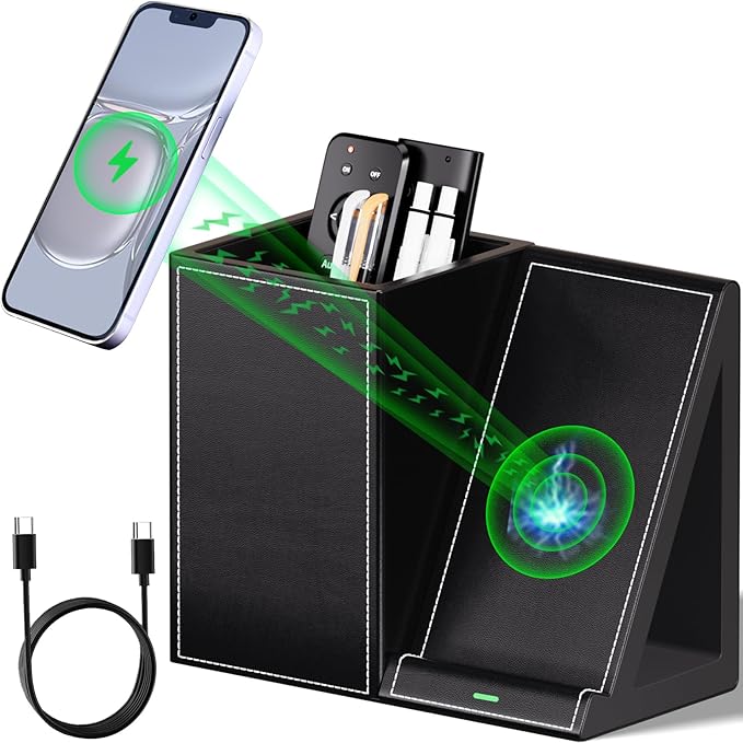 Pen Organizer with Phone Stand,Black Vegan Leather Desk Organizers with Remote Control Holder,Pencil Holder for Desk,Desk Organizer with Phone Charger for Office/Nightstand/Endtable