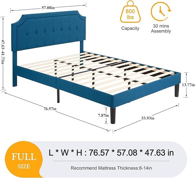 VECELO Full Size Platform Bed Frame with Fabric Upholstered Headboard and Wooden Slats Support, No Box Spring Needed/Easy Assembly,Blue