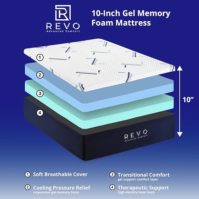 REVO Sleep Gel Memory Foam Mattress, 10-Inch Twin – Cooling Mattress with Pressure-Relieving Support and Contouring Comfort – Ideal for Kids, Guests & Small Spaces
